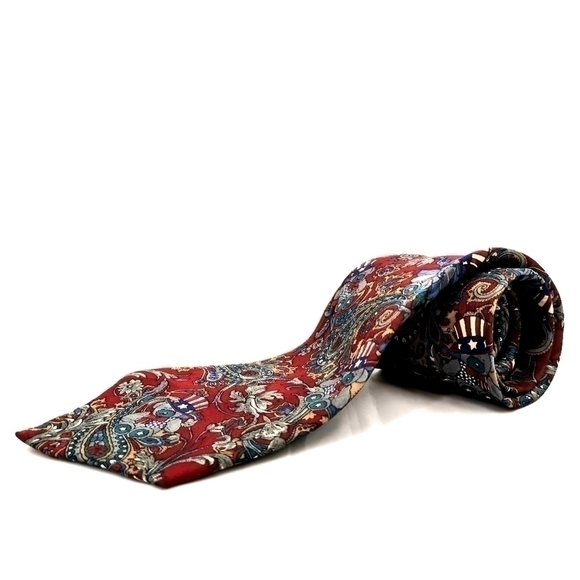 100% Silk Rene Patriotic Paisley Colorful Traditional Long Neck Tie - Picture 3 of 7